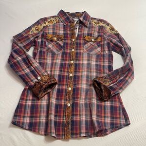 Roar Buckle Shirt Womens Medium Flip Cuff Shimmer Glitter Western Cowgirl M